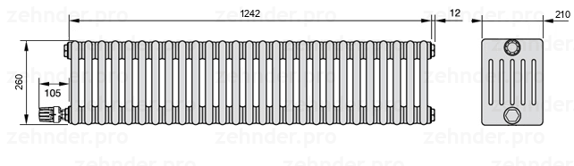 Схема (чертеж) Радиатор Zehnder Charleston 6026/27 №V003 Белый глянцевый RAL 9016